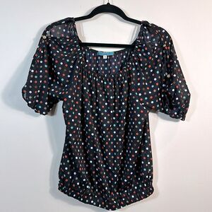 Julie’s Closet Black Polka Dot Off the Shoulder Cut Out Sheer Top Women Medium
